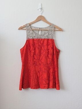 Anthropologie Moulinette Soeurs Poppy Red & Sliver Lace Peplum Blouse Size 12